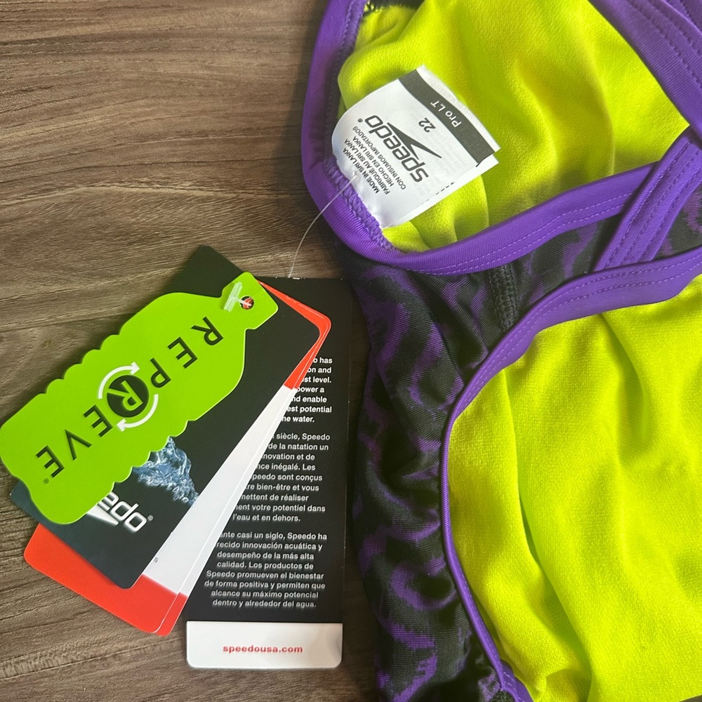 Speedo One Piece Swimsuit Purple Black Print Neon Yellow Lining Size 7/8 NWT - Picture 8 of 10